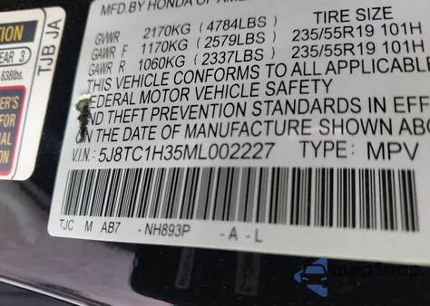 2021 Acura Rdx Standard z USA, uszkodzony, nr VIN 5J8TC1H35ML002227